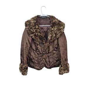 DONNA SALYERS FABULOUS Furs Brown Coat Jacket Faux Fur Trim Small Animal Print